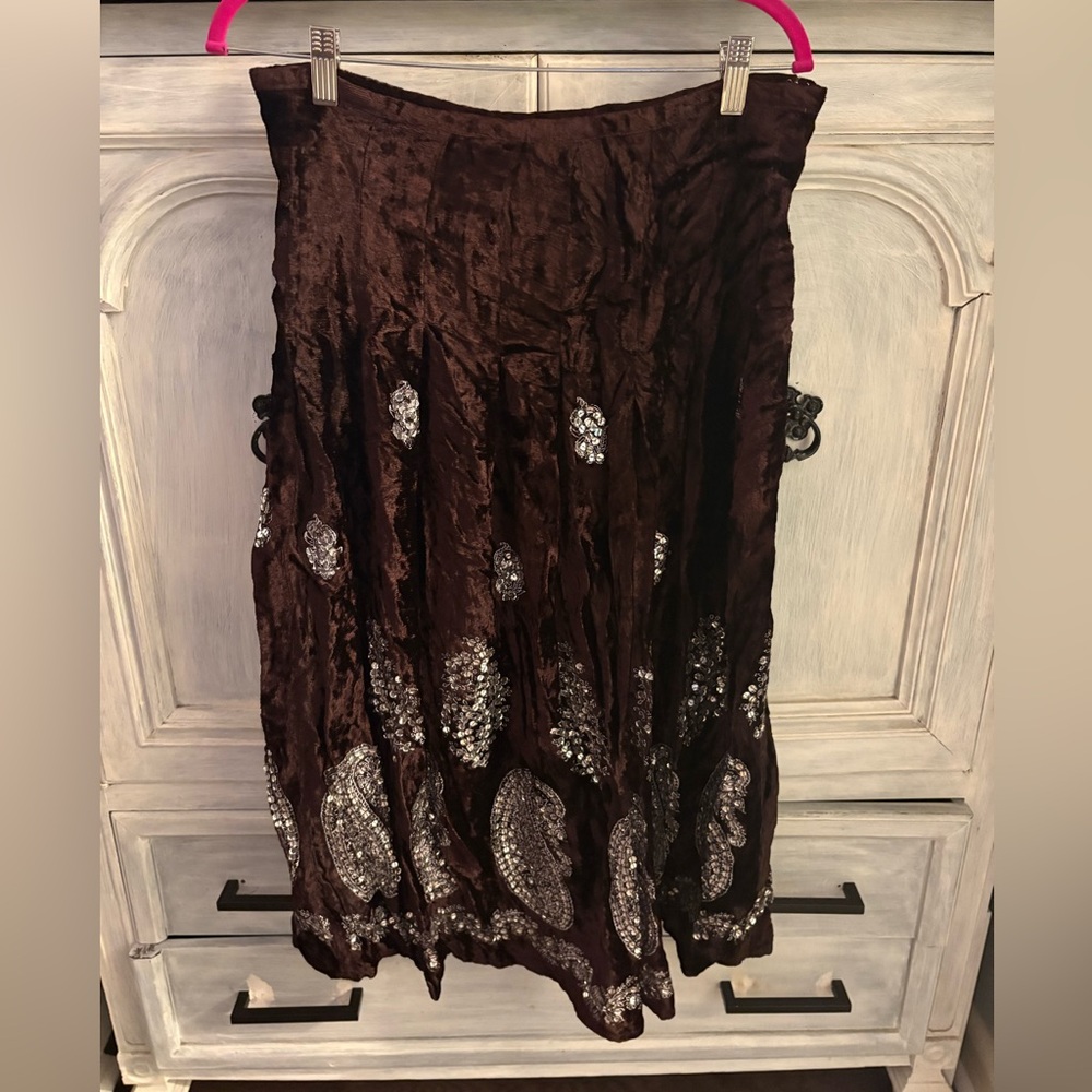 Vintage Magic Chocolate Velvet Sequin‎ Embroidered Peasant Skirt Whimsigoth Boho
